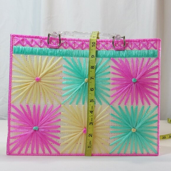 Raffia Ribbon Plastic Canvas Tote Bag With Handles Spring/Summer Floral Design - Picture 10 of 10